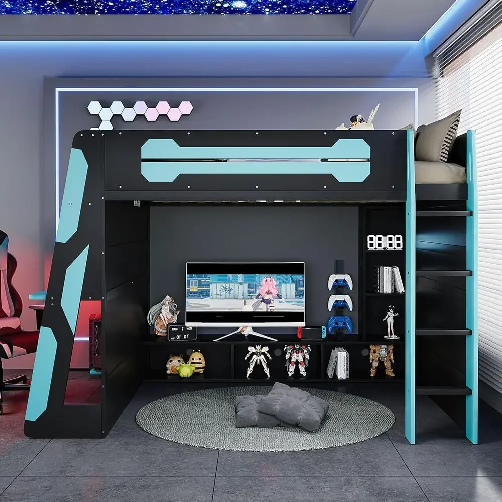 Esports Gaming Bed - Aanpasbaar groot houten gamingbed met bureau,