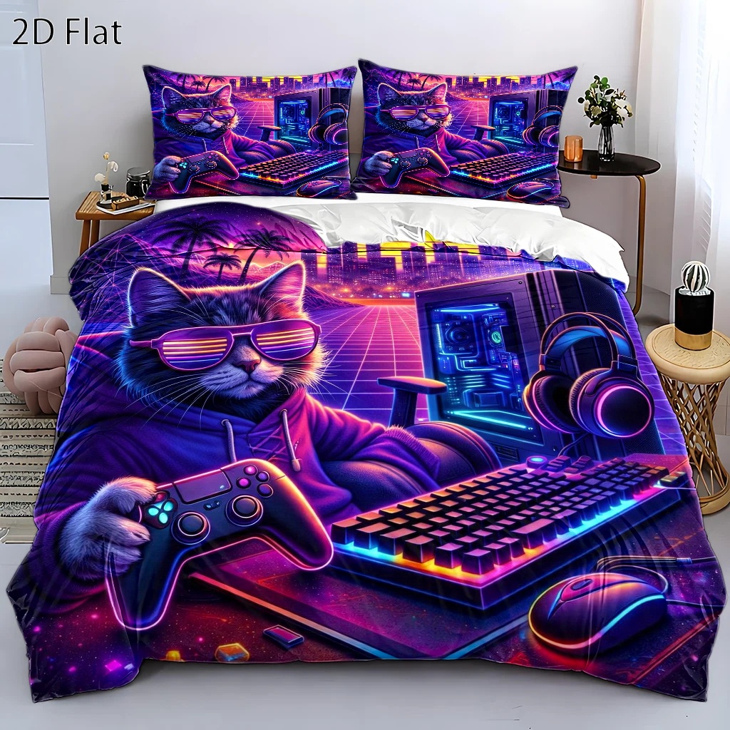 Esports Gaming Bed - 3-delige cyberpunk esports katten-thema dekbedovertrekset, driedelige
