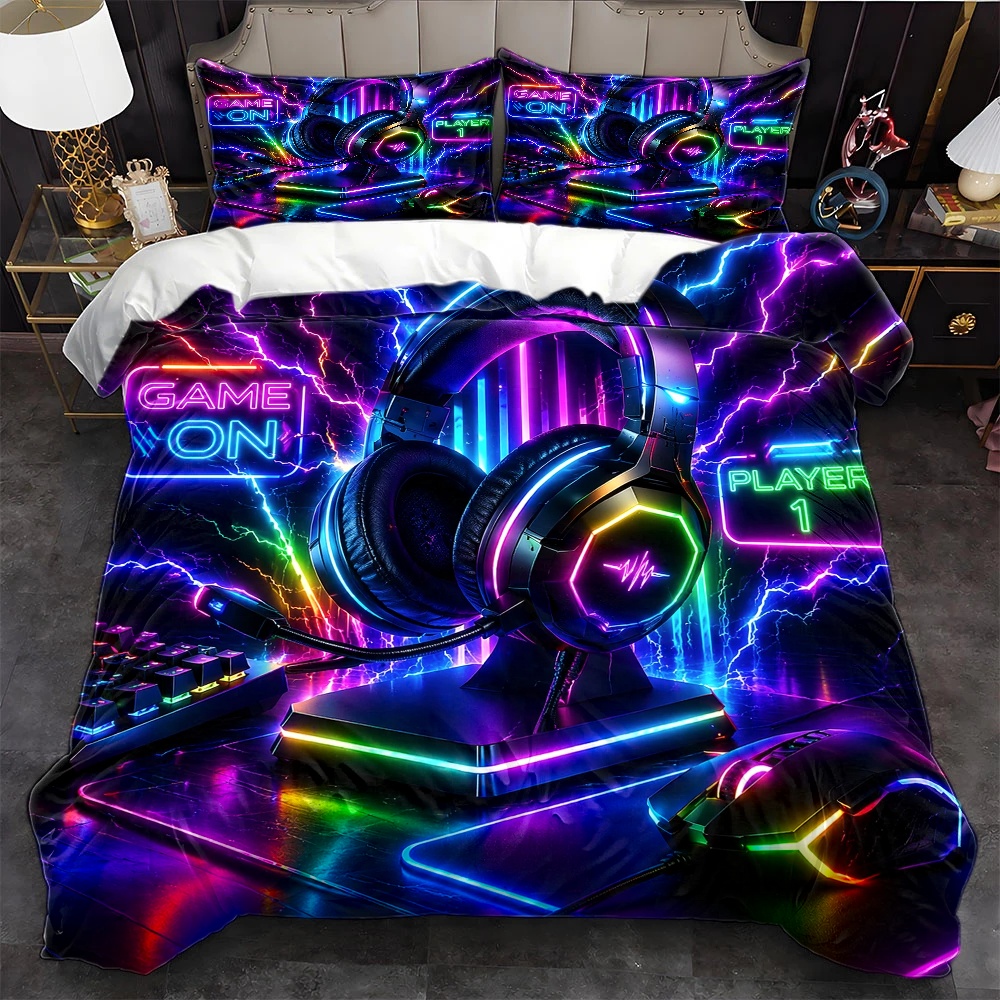 Esports Gaming Bed - 3-delige E-Sports dekbedovertrekset in neonstijl, driedelige